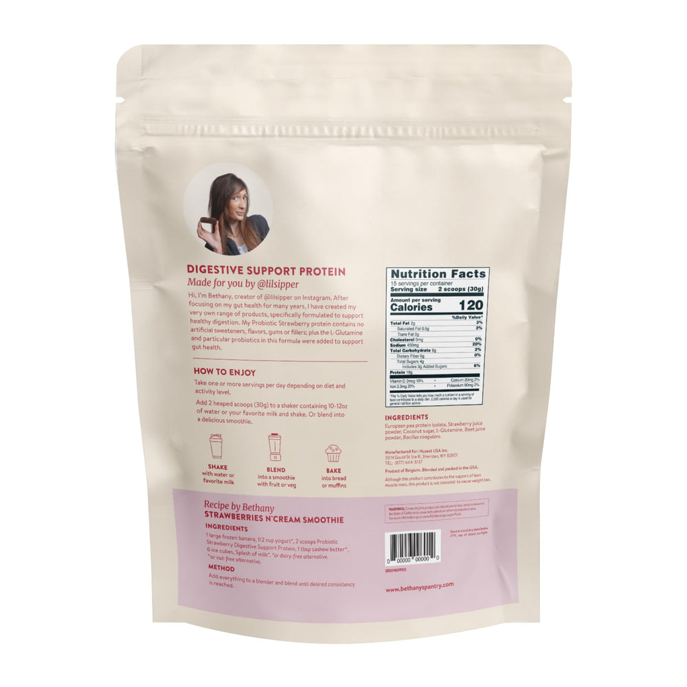 Bethany's Pantry nutrition facts label highlights dairy-free and gluten-free quality.
