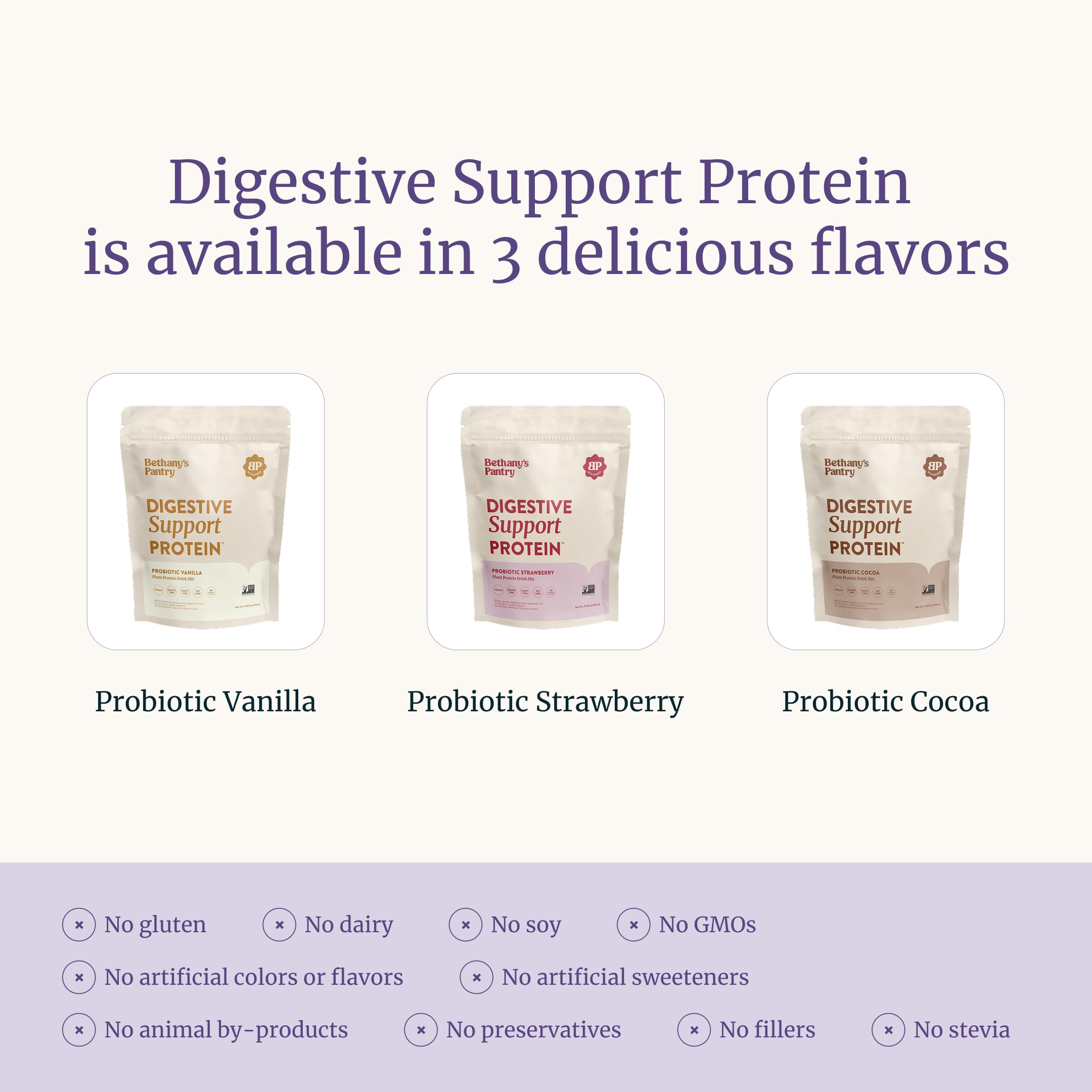 Bethany's Pantry probiotic vanilla flavor tub suggests mild sweetness and easy mixing.
