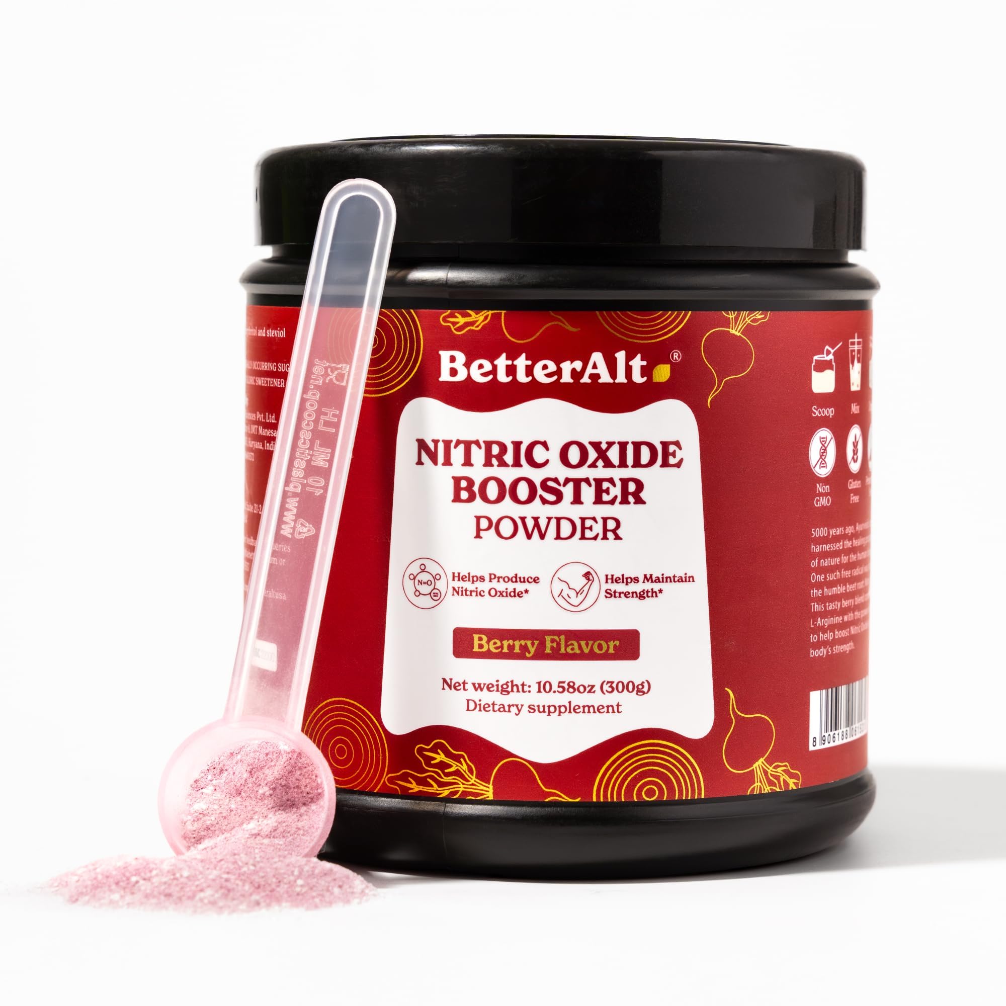 Better Alt Nitric Oxide Booster Berry bottle shows energizing formula for workouts.