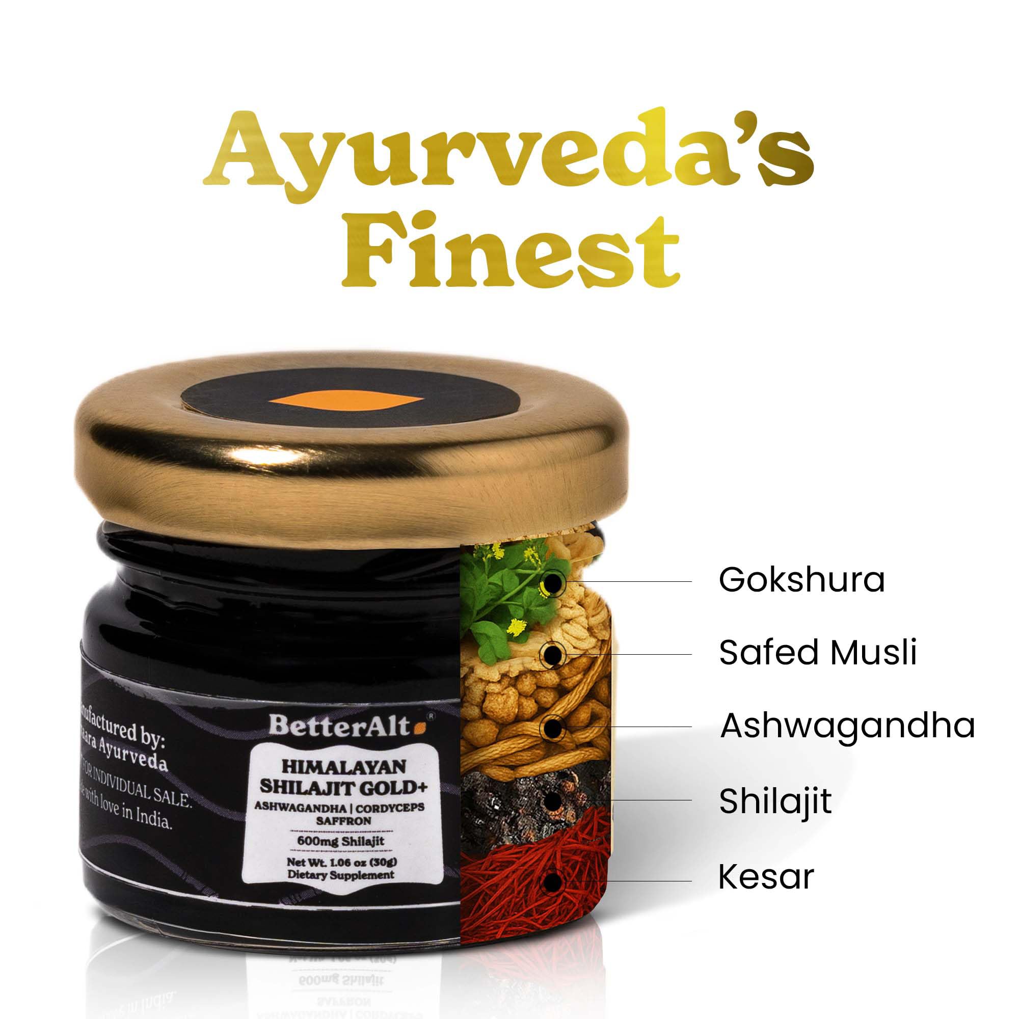 Shilajit Gold+ 30g jar label – vegan & lab tested