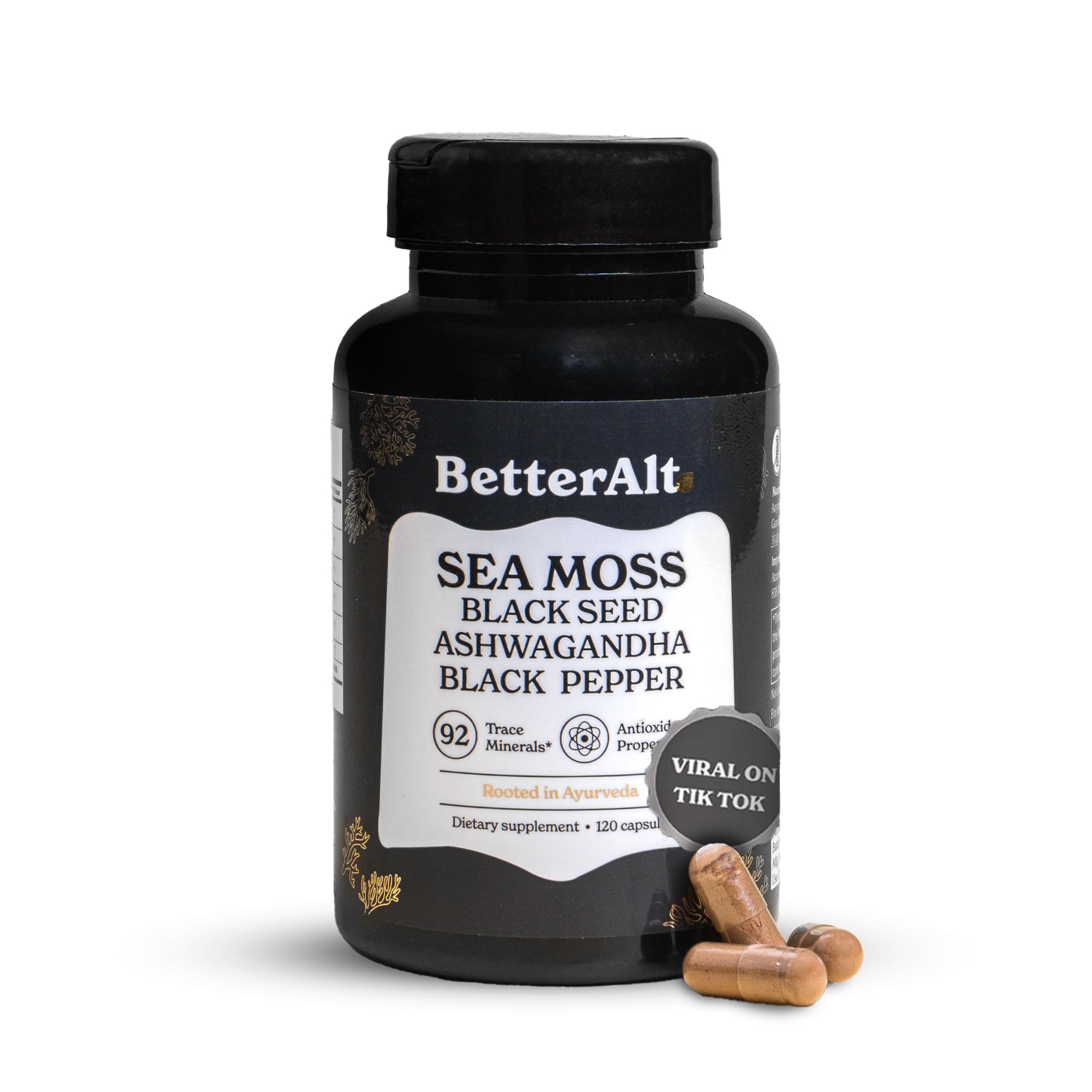 Better Alt Seamoss Capsules bottle with Irish sea moss, black seed oil, ashwagandha, and black pepper