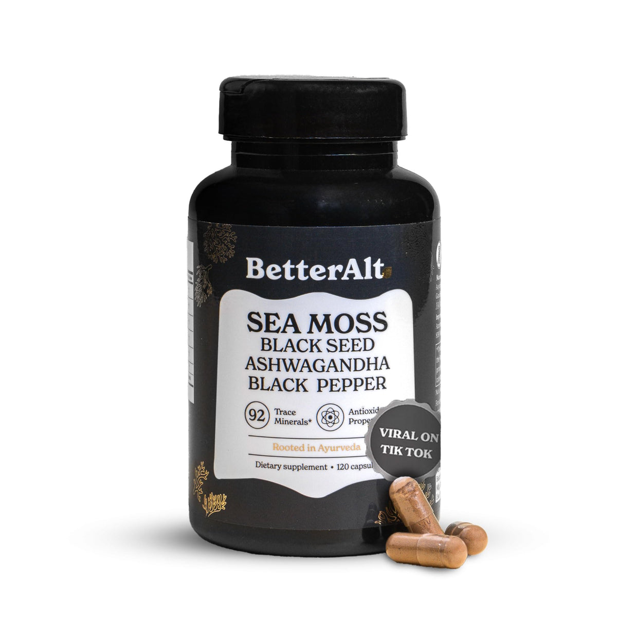 Better Alt Seamoss Capsules bottle with Irish sea moss, black seed oil, ashwagandha, and black pepper