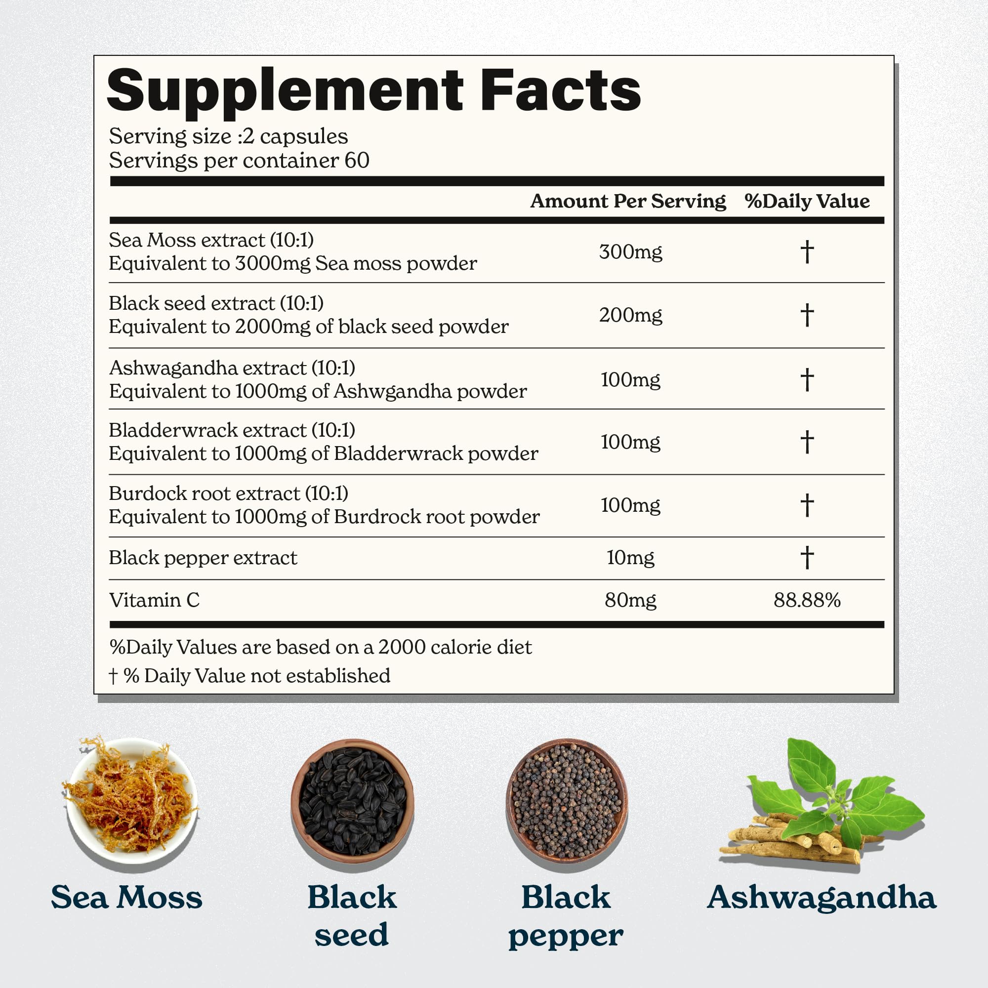 Close-up of Better Alt Seamoss Capsules bottle label highlighting key ingredients