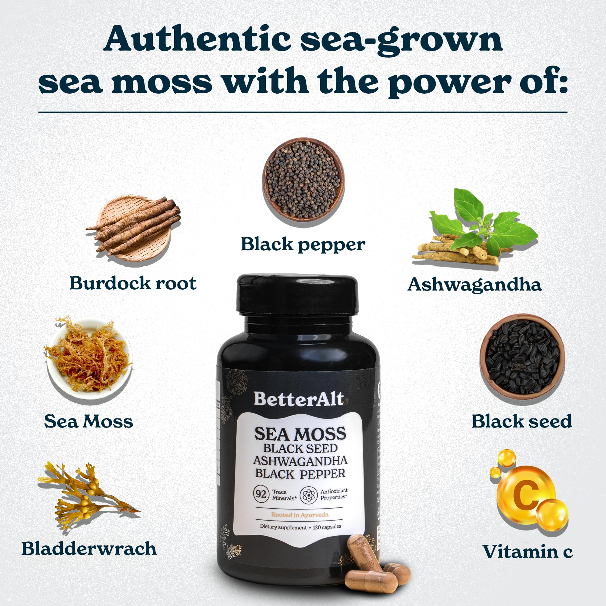 Serving size and ingredients info on Better Alt Seamoss Capsules label