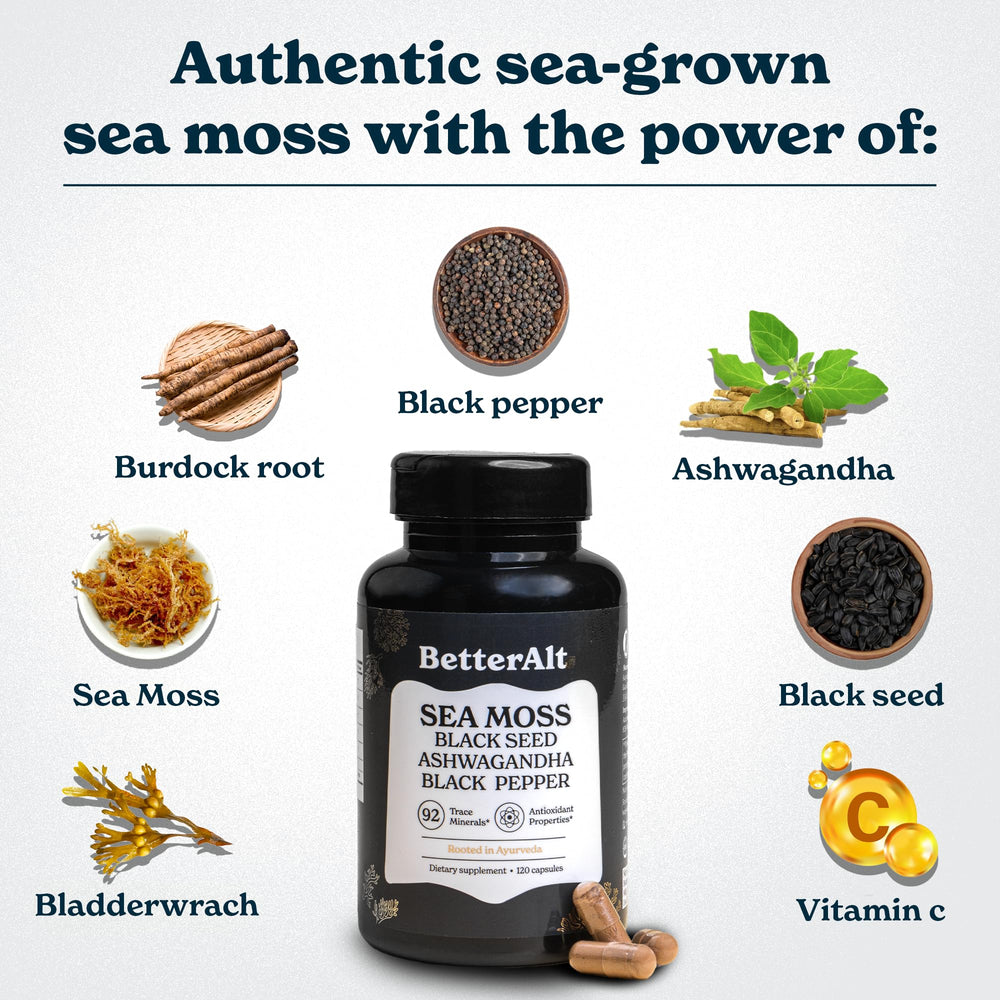 Serving size and ingredients info on Better Alt Seamoss Capsules label