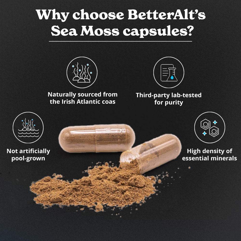 Sea moss capsules with black seed oil, ashwagandha and black pepper ingredients