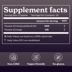 Close-up of label showing 5000 IU Vitamin D3 and 200 mcg Vitamin K2
