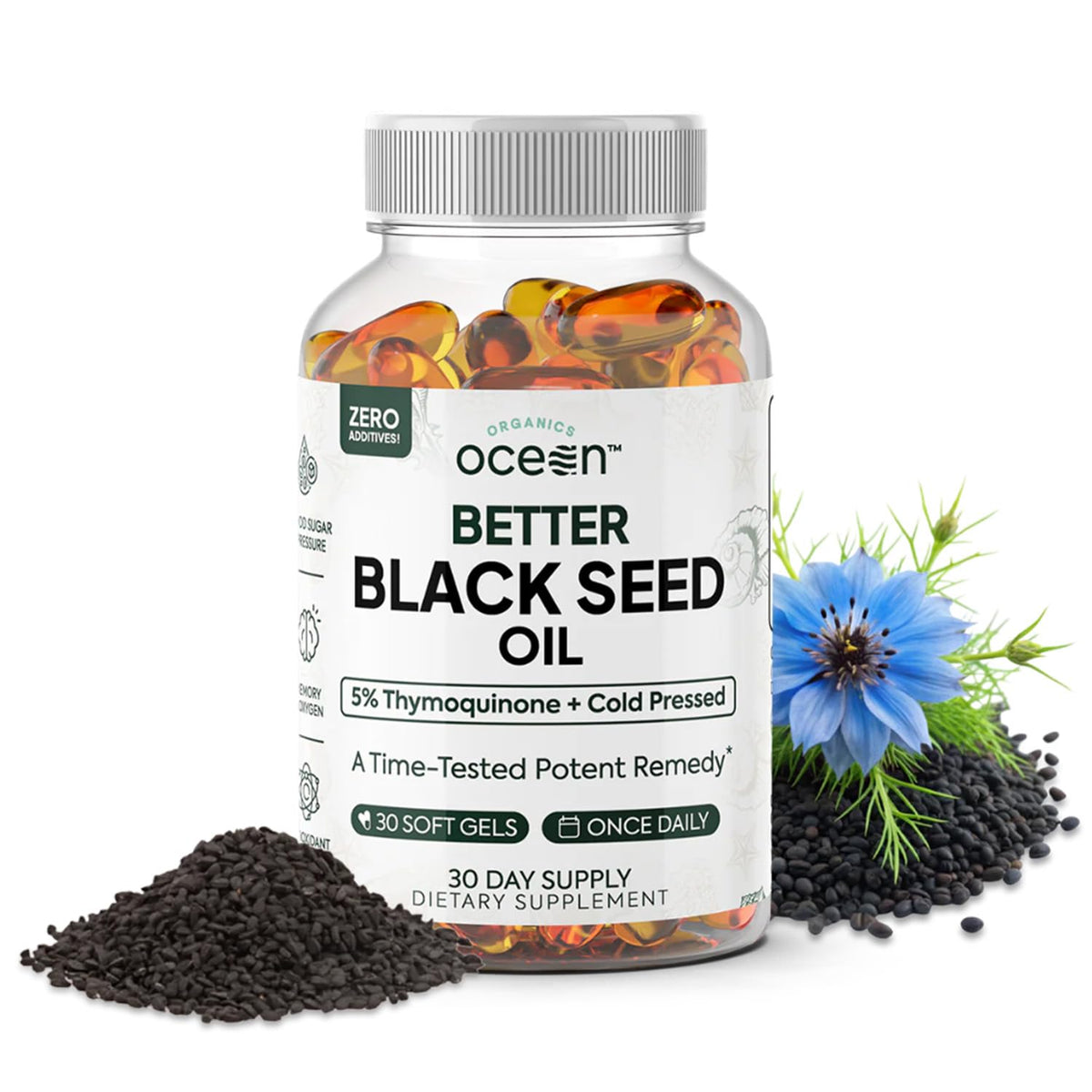 Organics Ocean Better Black Seed Oil bottle label showing 5% thymoquinone