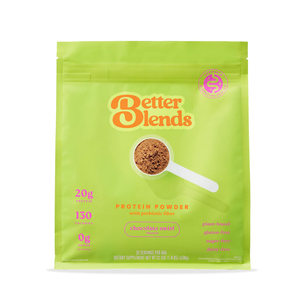 Front view of Better Blends protein powder container