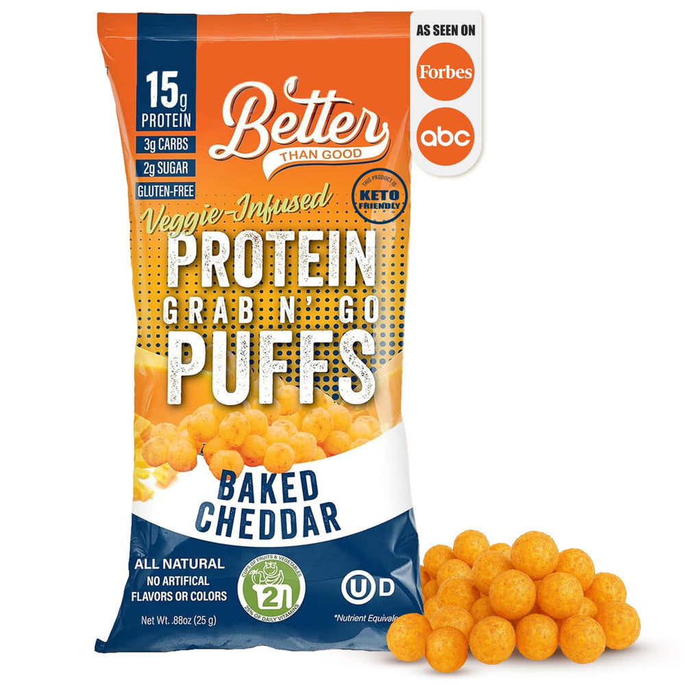Better Than Good Savory Keto Baked Cheddar Protein Puffs pack front, gluten-free and high-protein snack