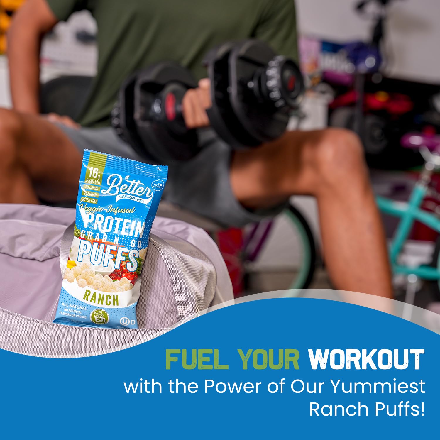 Better Than Good Snacks Keto Ranch Puffs 16g protein per serving offers satisfying nutrition.