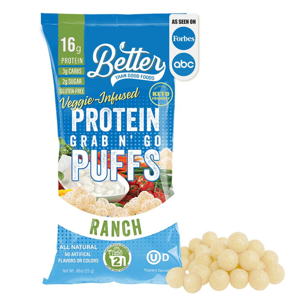 Better Than Good Snacks Keto Ranch Puffs pack shot for protein-rich on-the-go snack.
