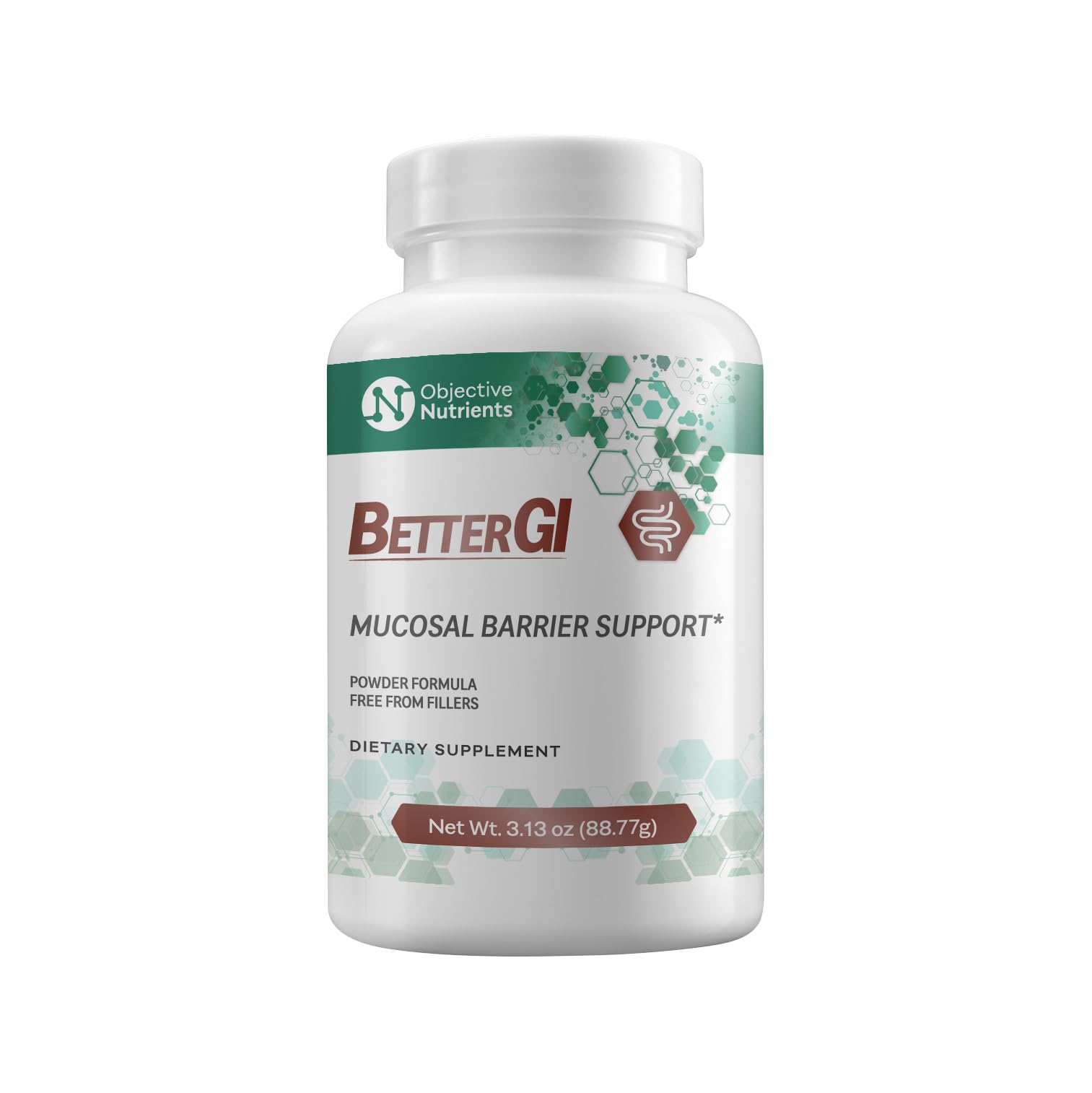 Front view of the Objective Nutrients BetterGI Mucosal Barrier Support bottle with label