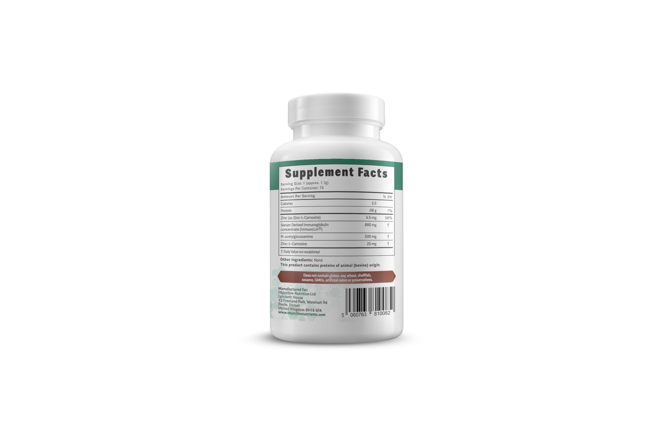 Close-up of SBI and N-Acetyl-Glucosamine supplement ingredients
