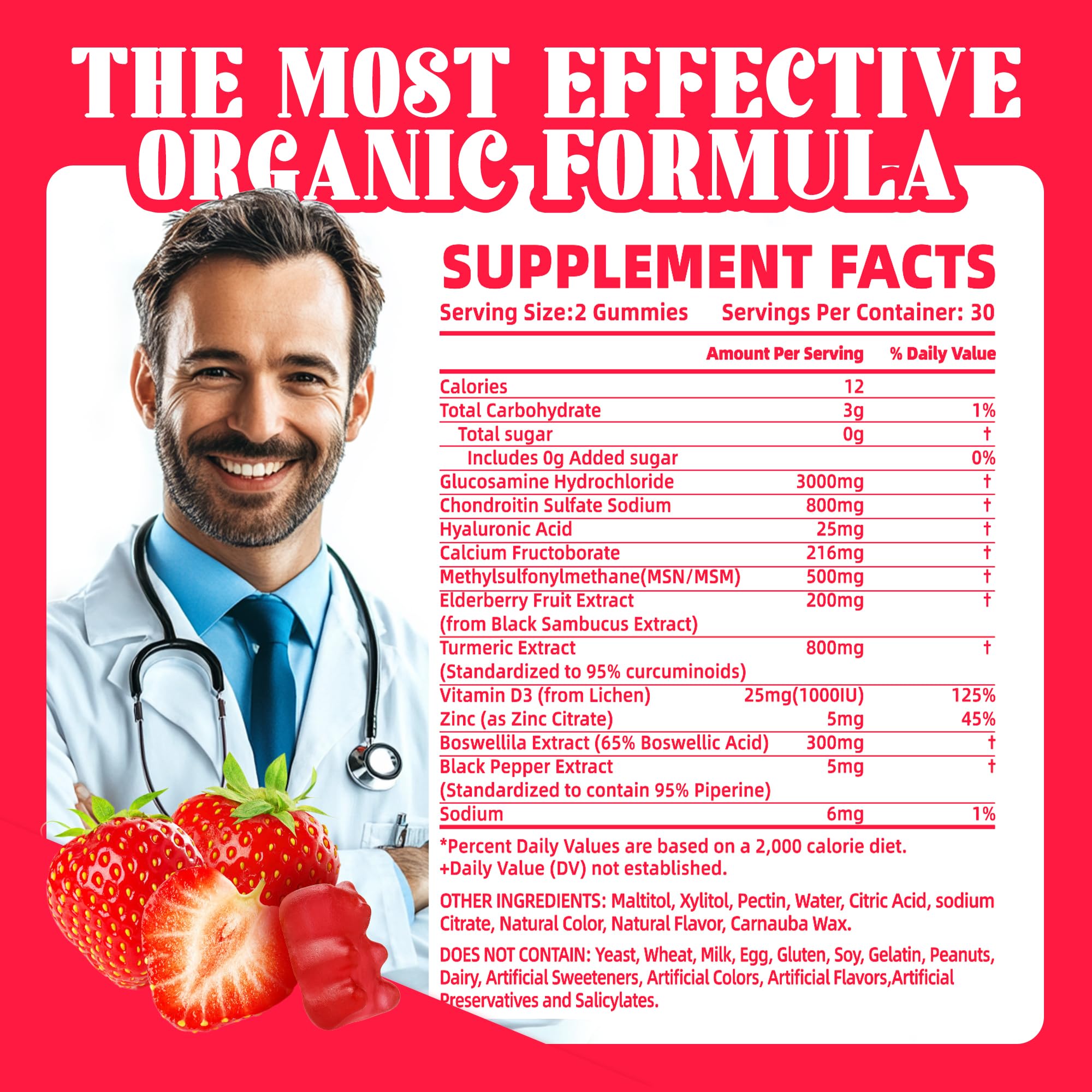Assorted strawberry gummies highlighting joint support formula
