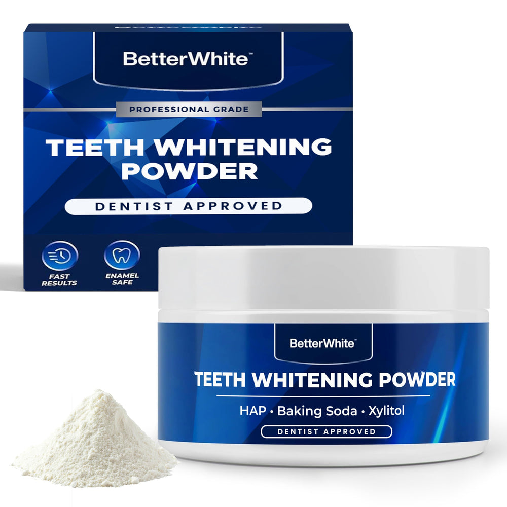 BetterWhite Teeth Whitening Powder jar labeled six-month supply