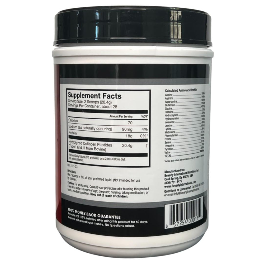 Label highlighting Beverly International collagen ingredients and quality