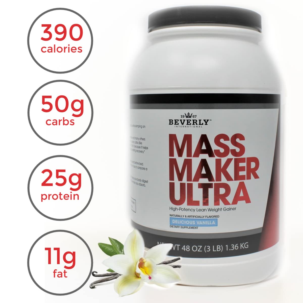 Ingredients list including coconut and MCT fats in Mass Maker Ultra Vanilla