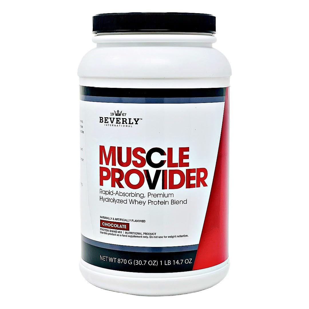 Beverly International Muscle Provider chocolate-tub shows creamy flavor for post-workout recovery.