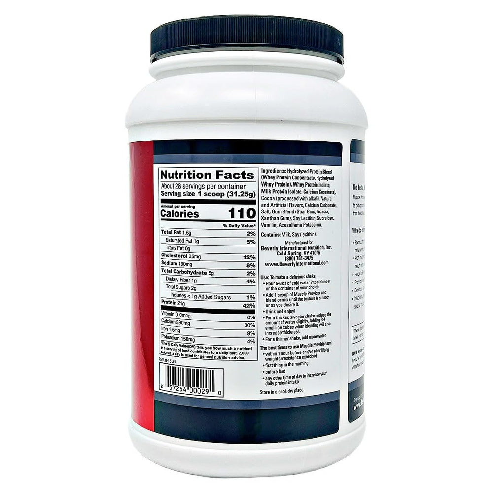 Beverly International Muscle Provider whey-protein-pour captures fast-absorbing formula for quick recovery.