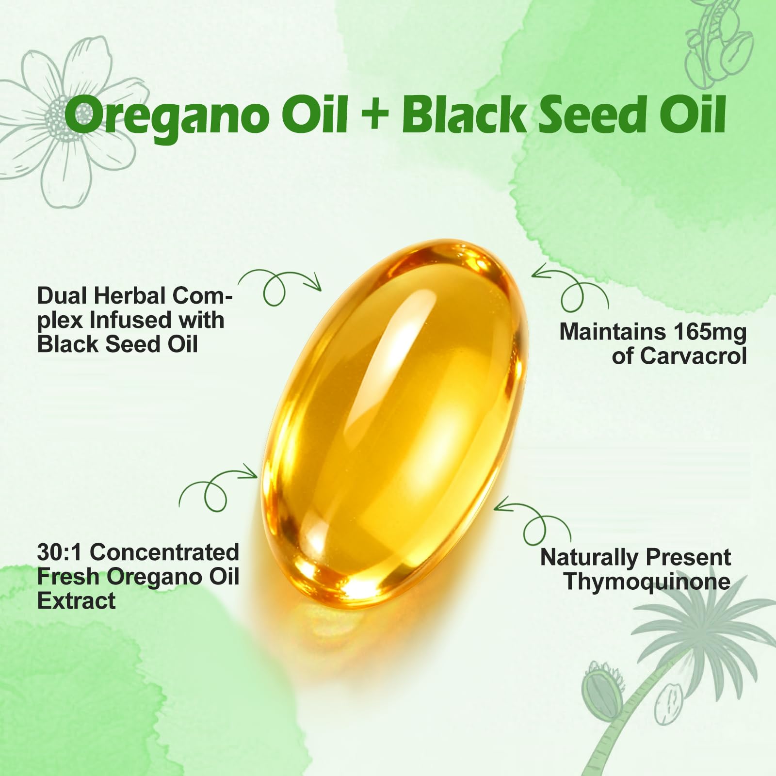 Close-up of oregano oil capsule highlighting carvacrol content