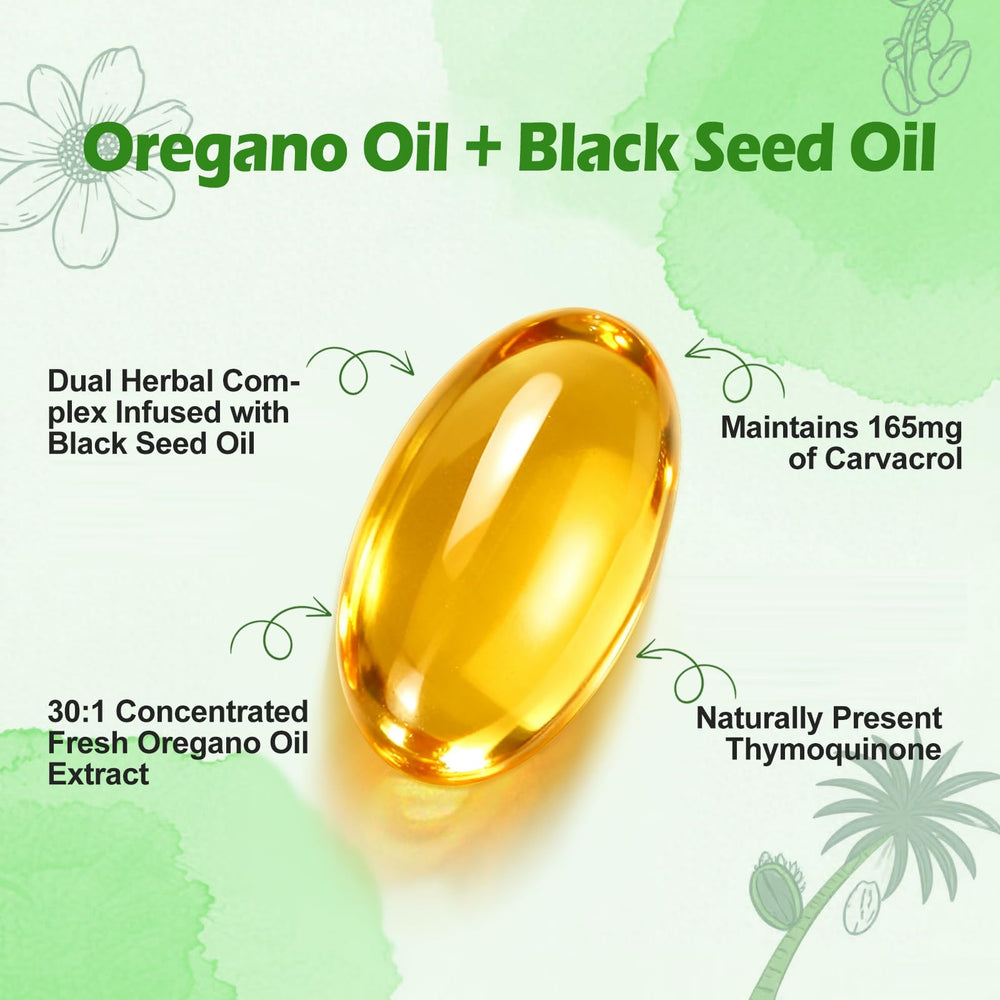 Close-up of oregano oil capsule highlighting carvacrol content