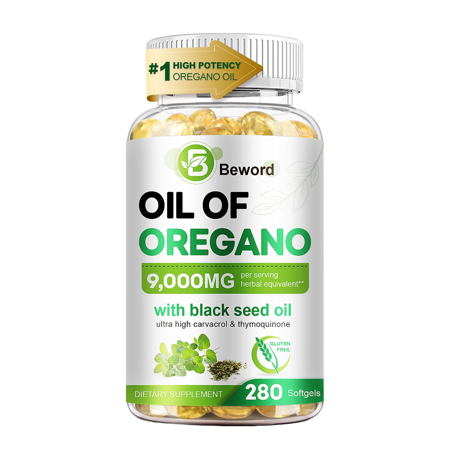 BEWORD oregano oil and black seed oil softgels, 9000mg per serving