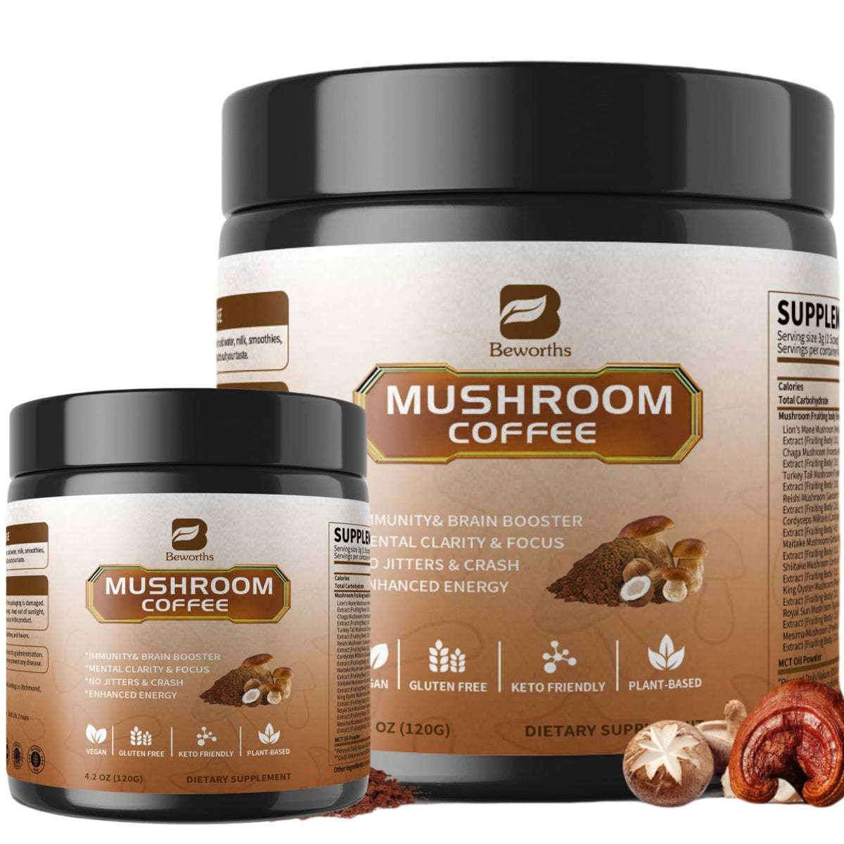 Front view of B BEWORTHS 2Pack Mushroom Coffee Powder with MCT Oil