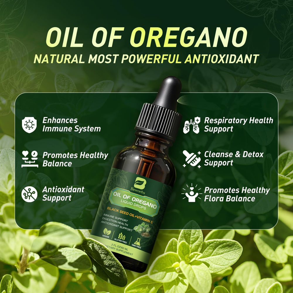 Immune support and antioxidant benefits concept with oregano oil