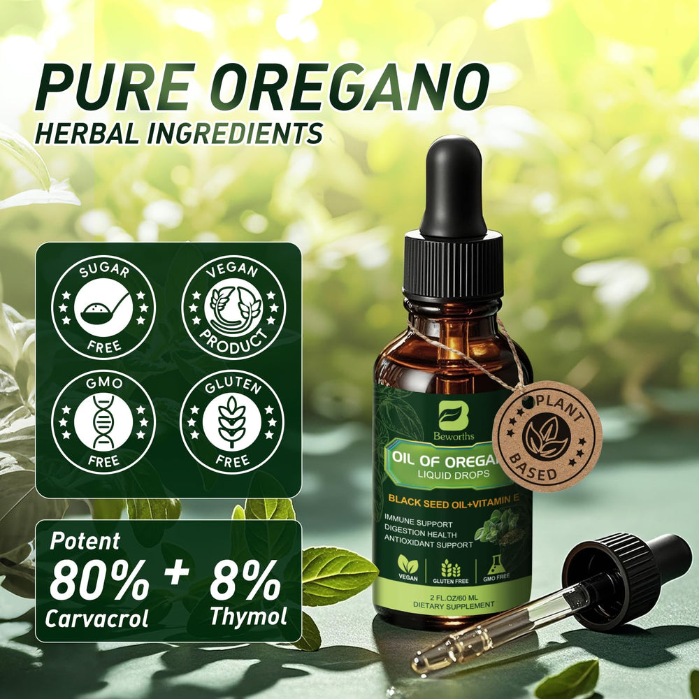 Digestive health support concept with oregano oil drops