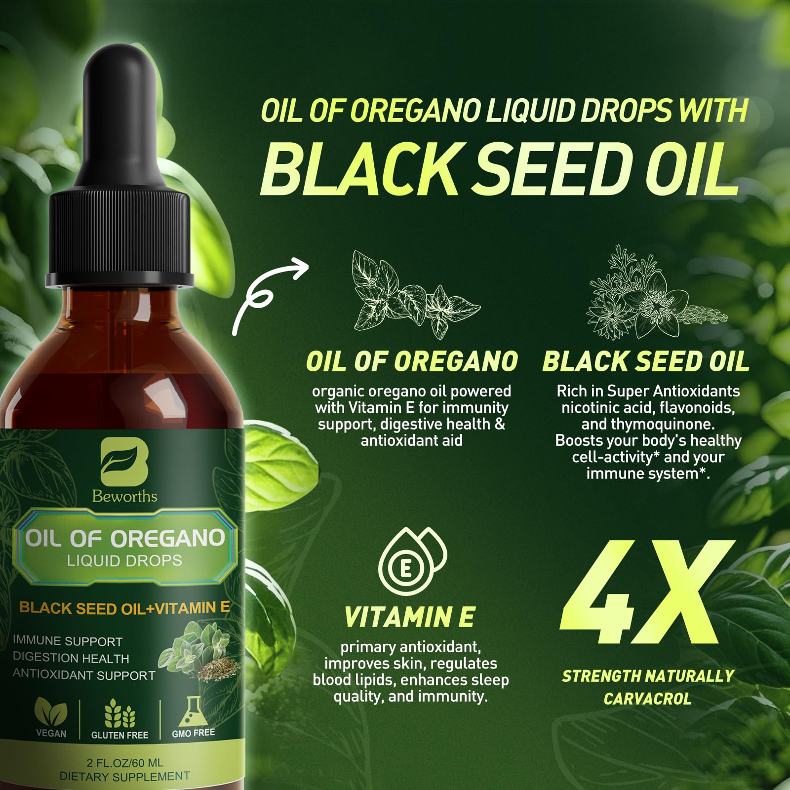 Label highlighting carvacrol and thymol content in oregano oil blend