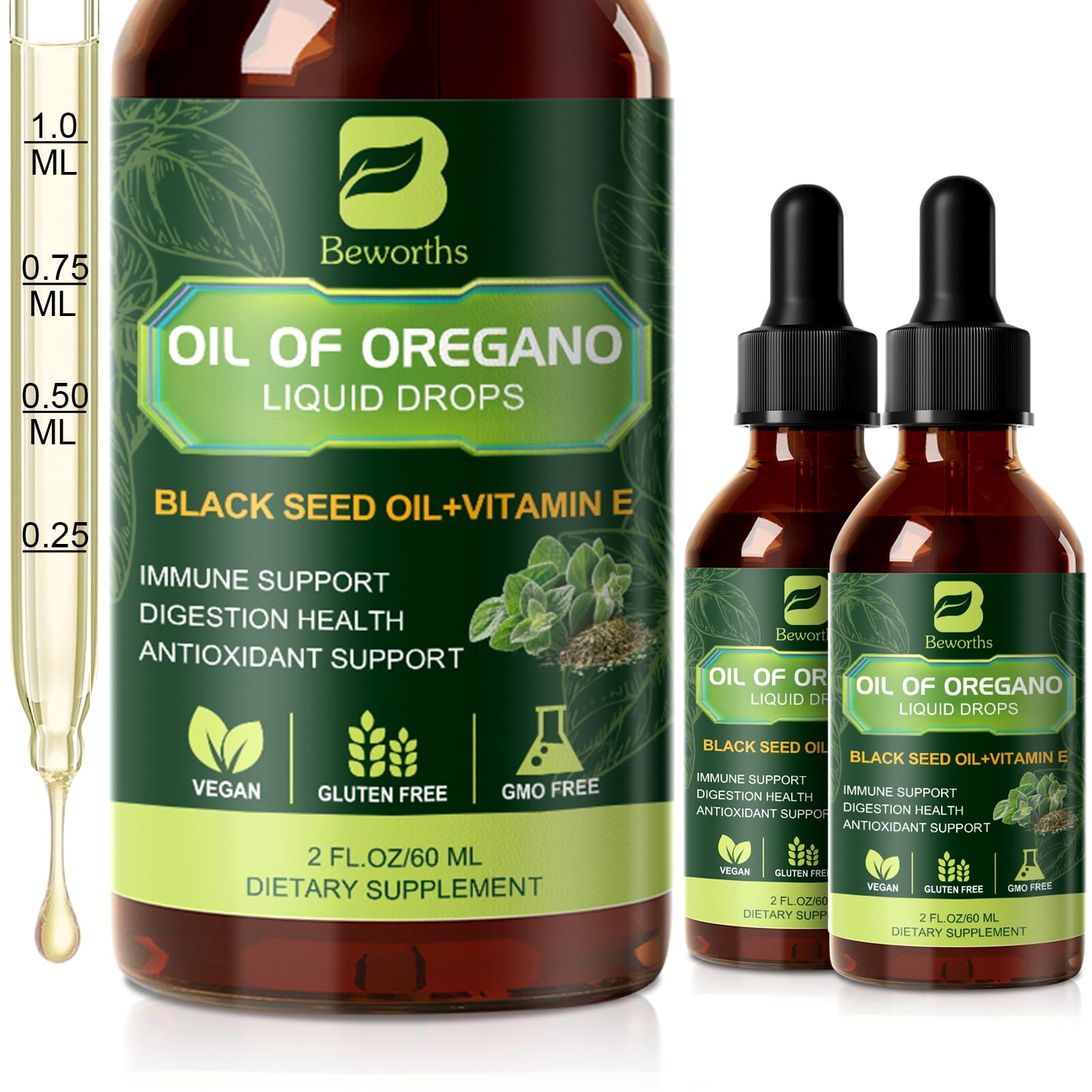 Beworths oregano oil drops 2-pack bottle with olive oil and black seed oil