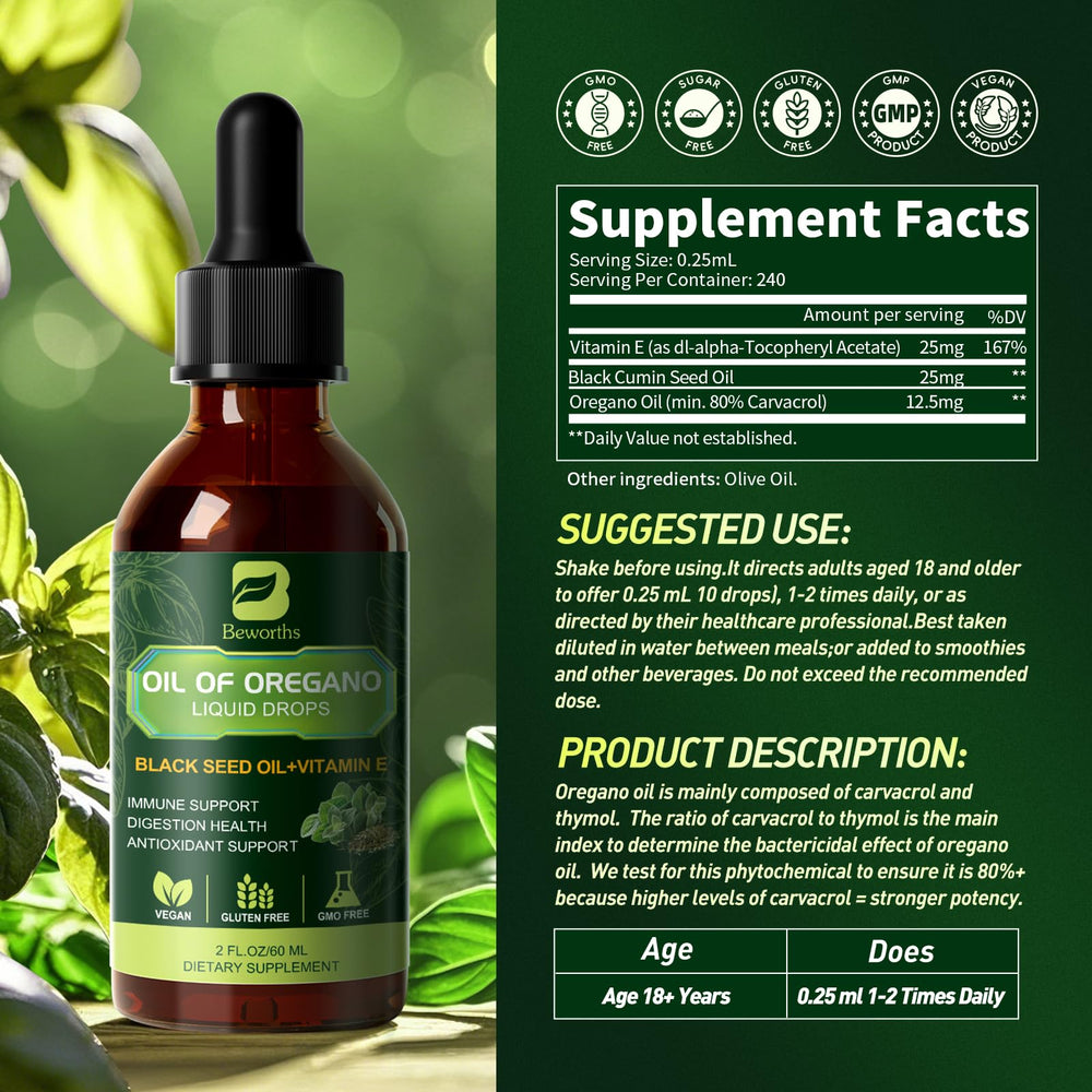 Close-up of Beworths oregano oil drops bottle labeled 60ml