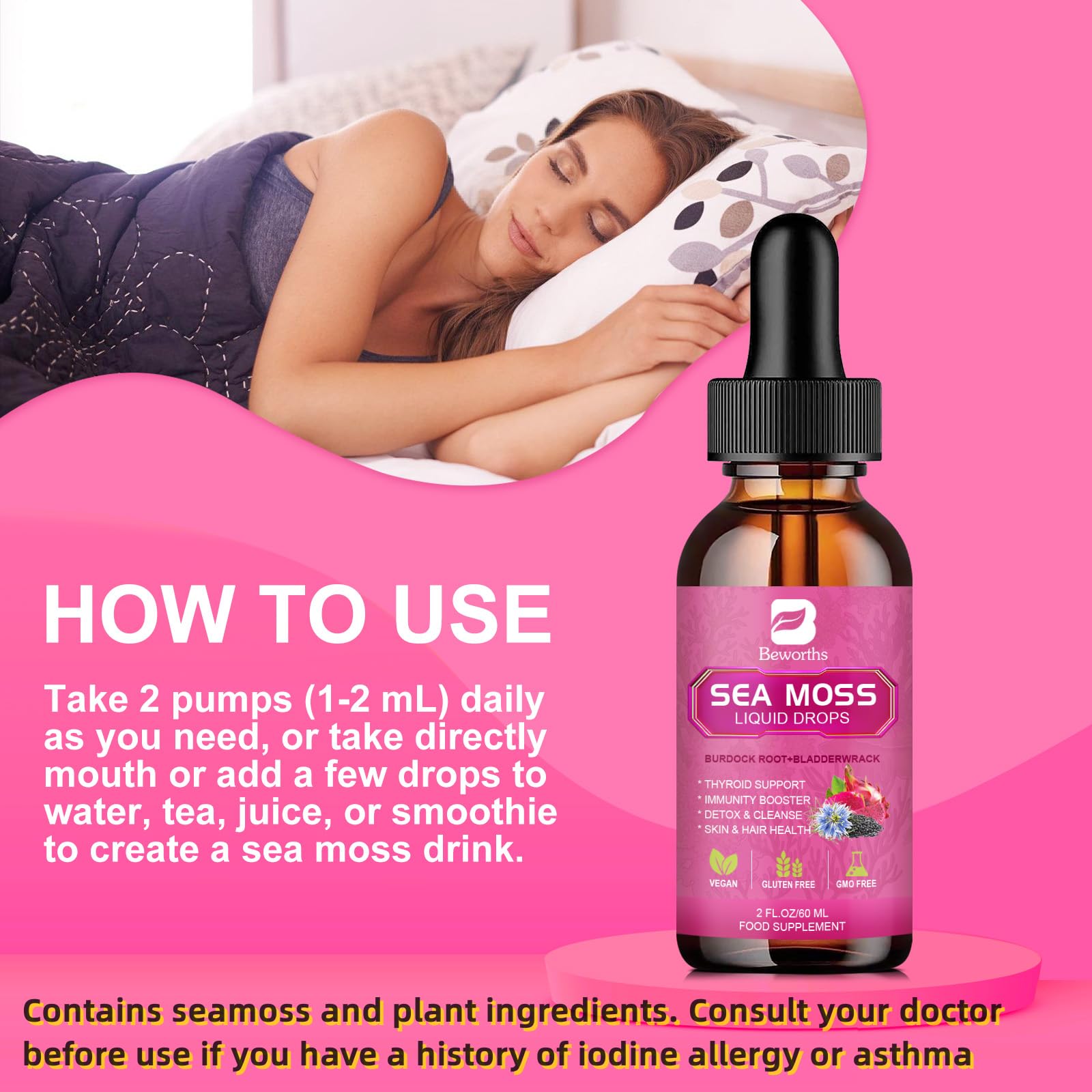 Label on BEWORTHS Sea Moss Liquid Drops highlighting vitamins C and D3
