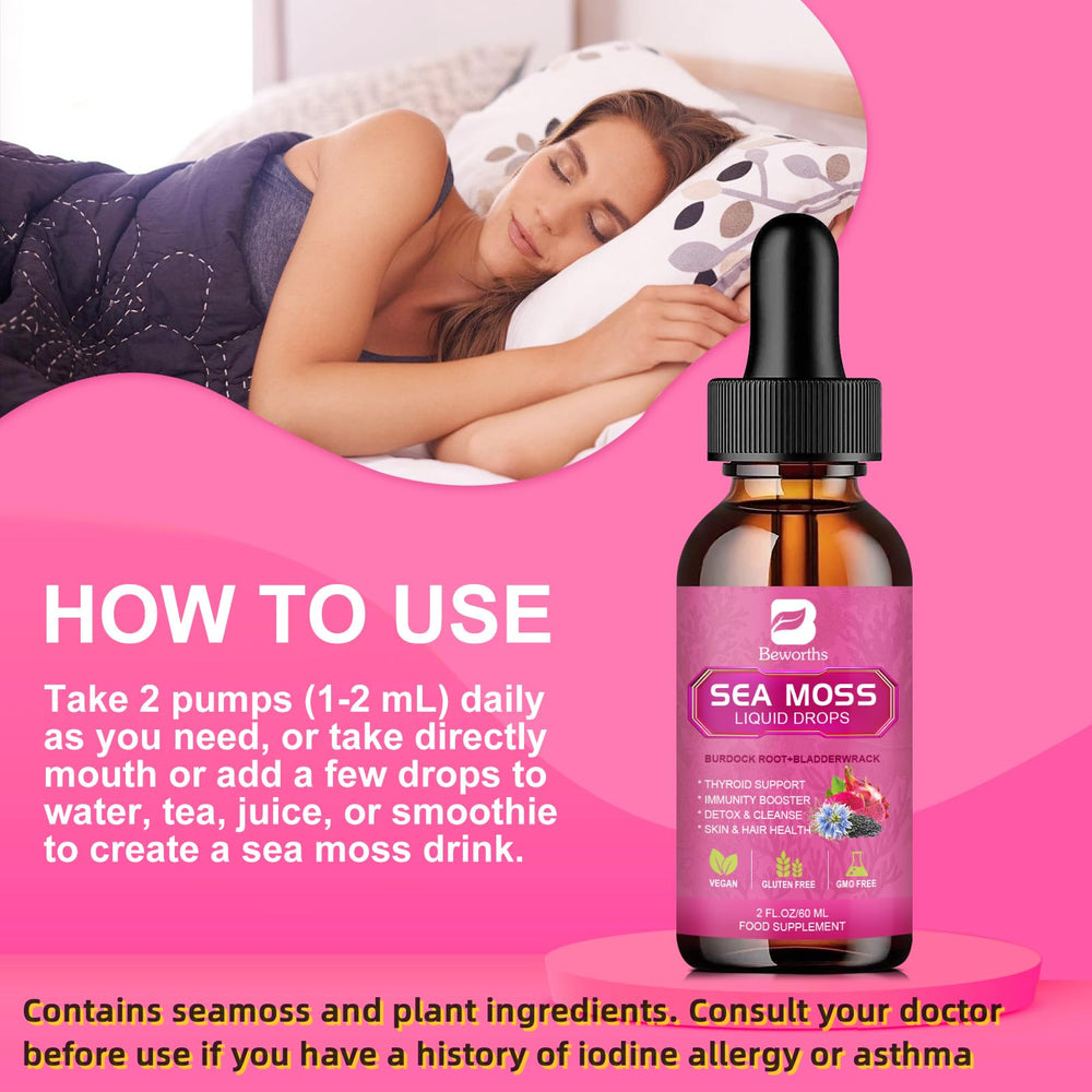 Label on BEWORTHS Sea Moss Liquid Drops highlighting vitamins C and D3