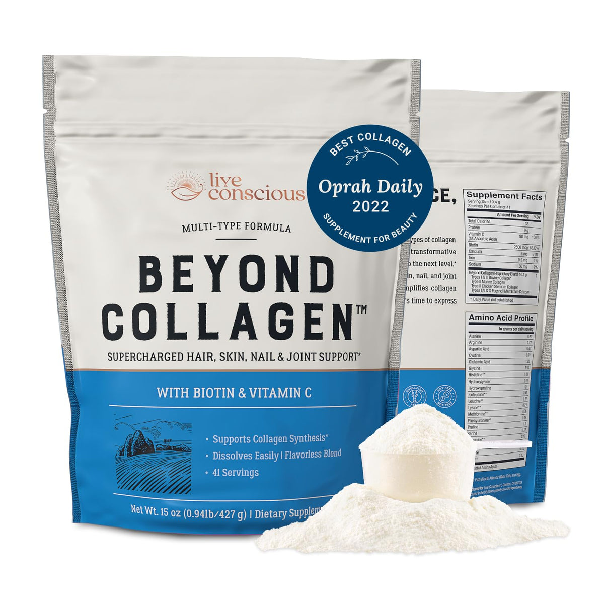 Live Conscious Beyond Collagen powder front label with 41 servings