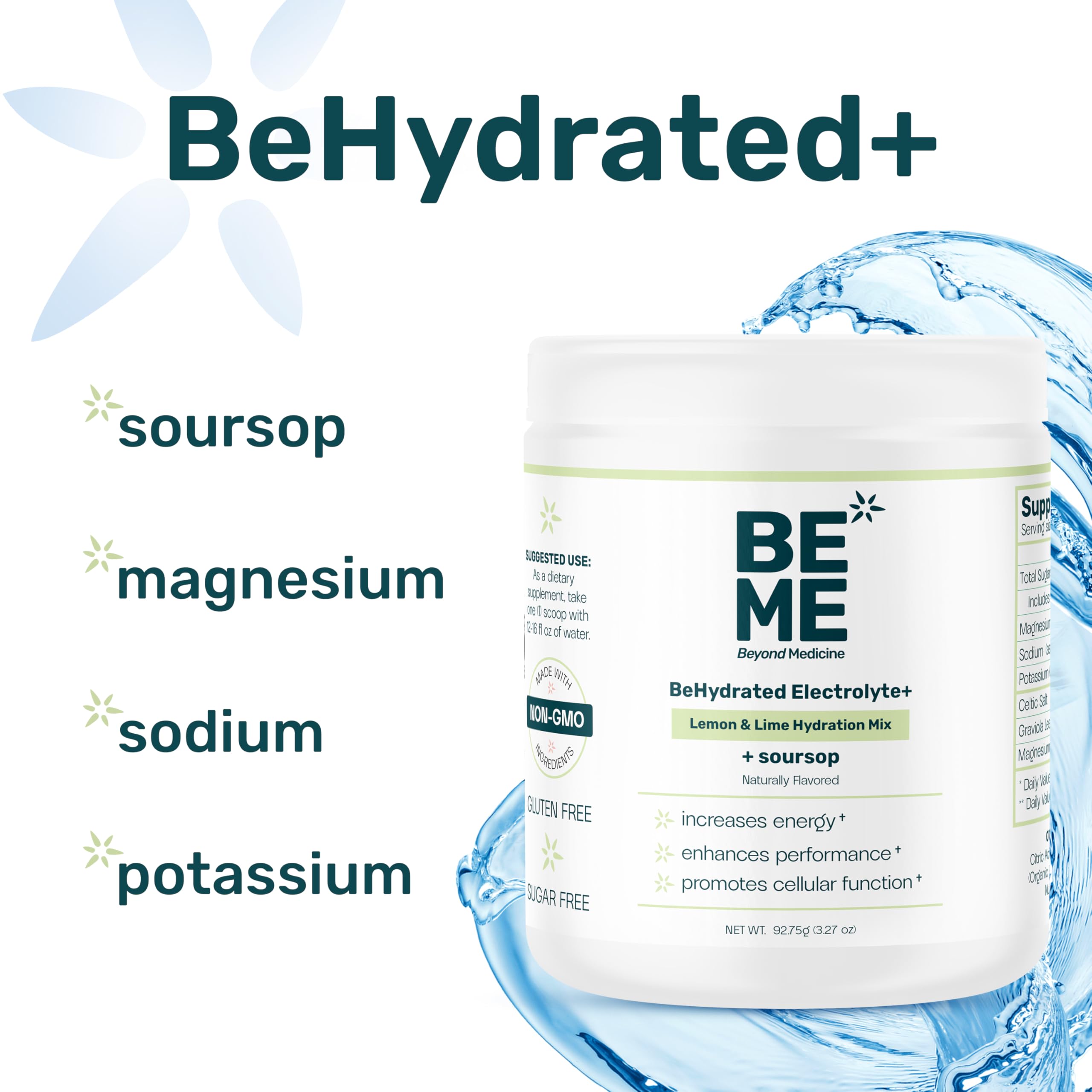 Beyond Medicine BeHydrated ingredients label highlights soursop powder and minerals