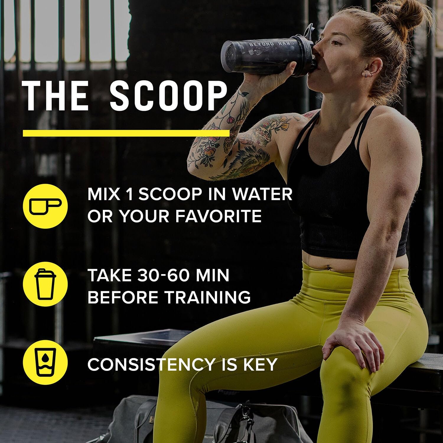 Beyond Raw Chemistry Labs HMB powder on a clean scene with bag and scoop