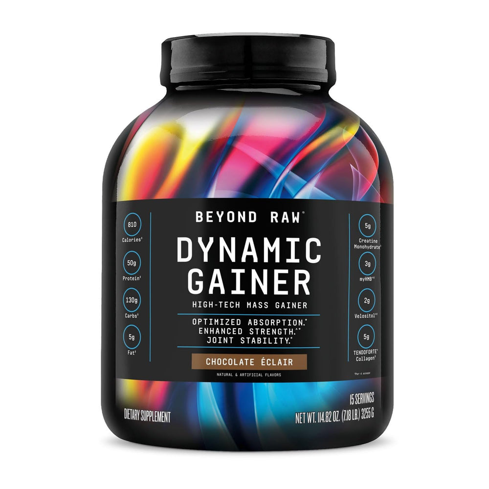 BEYOND RAW Dynamic Gainer packaging front in Chocolate Éclair flavor