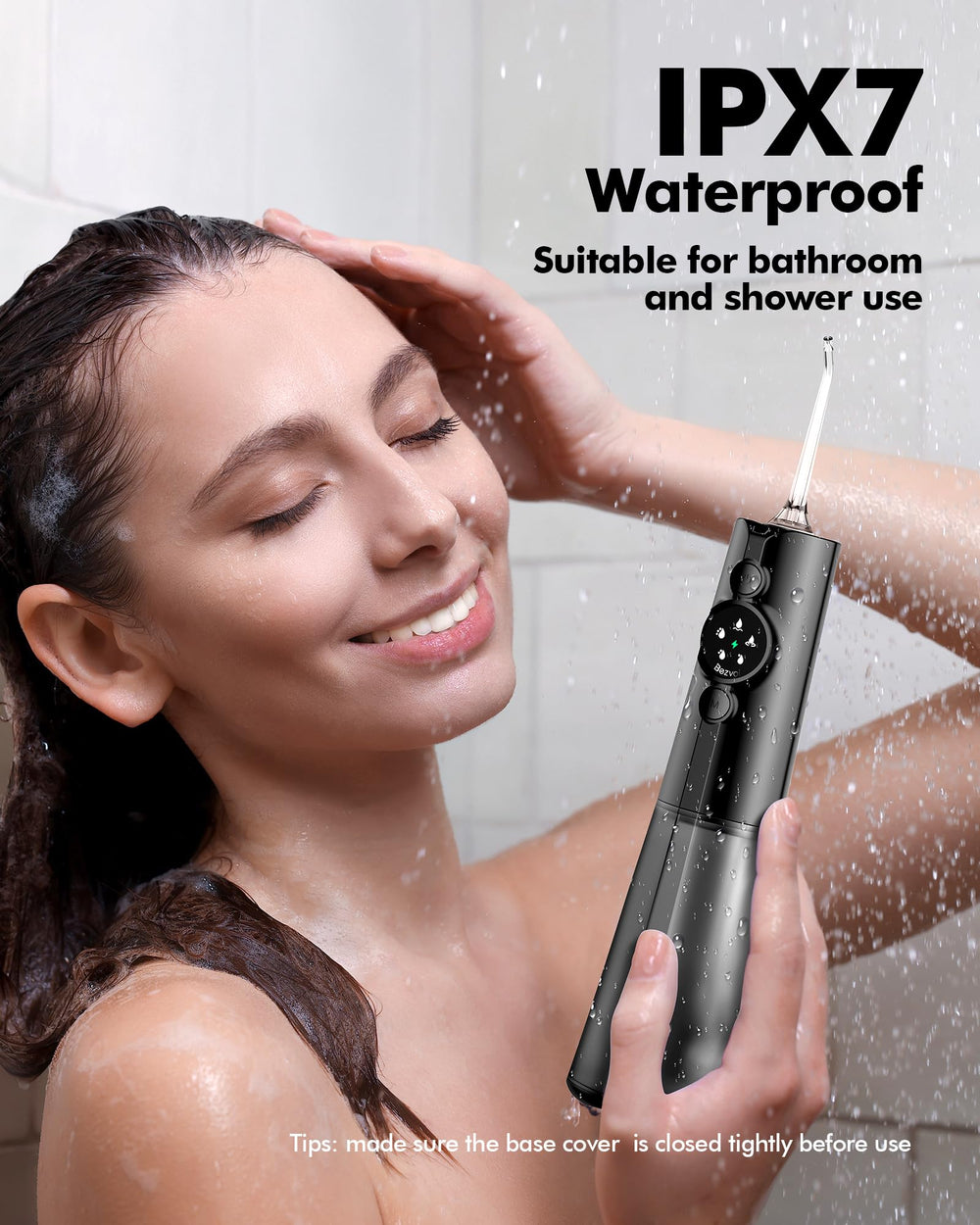 Package contents: water flosser, 6 replacement heads, manual, USB-C cable