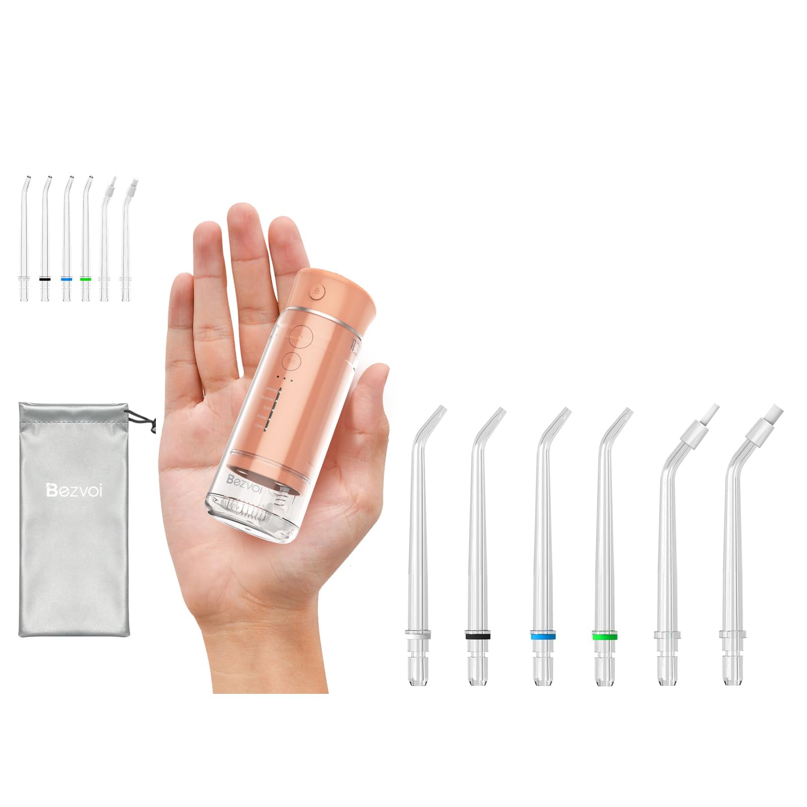 Bezvoi Y825 travel water flosser in peach fuzz color, compact size