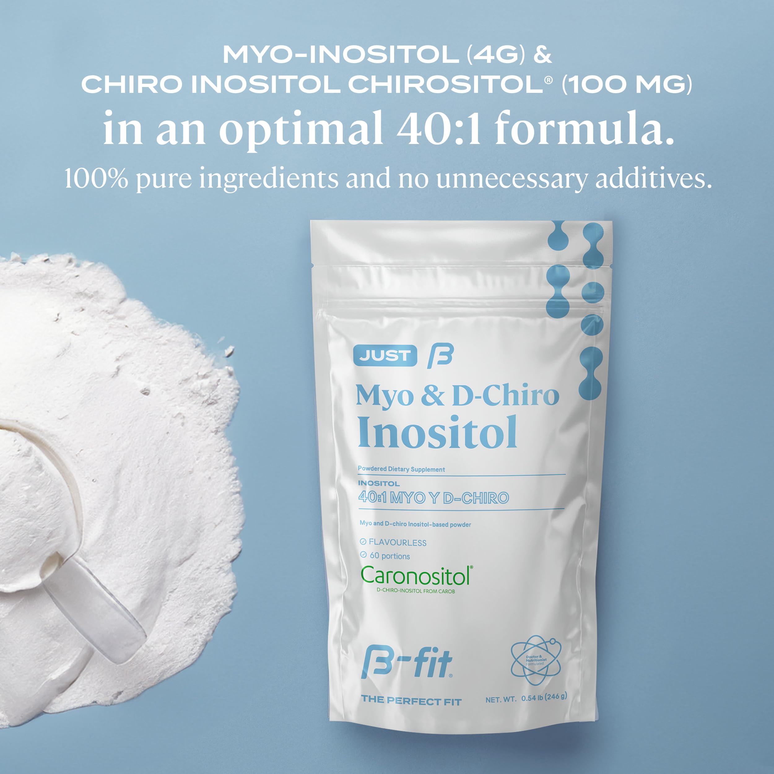 Inositol powder and ingredients close-up