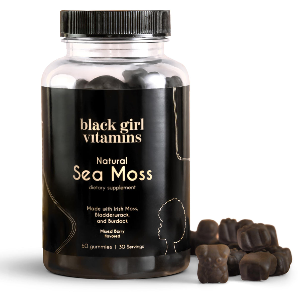 Bottle of Black Girl Vitamins Sea Moss Gummies with Irish Sea Moss on white background