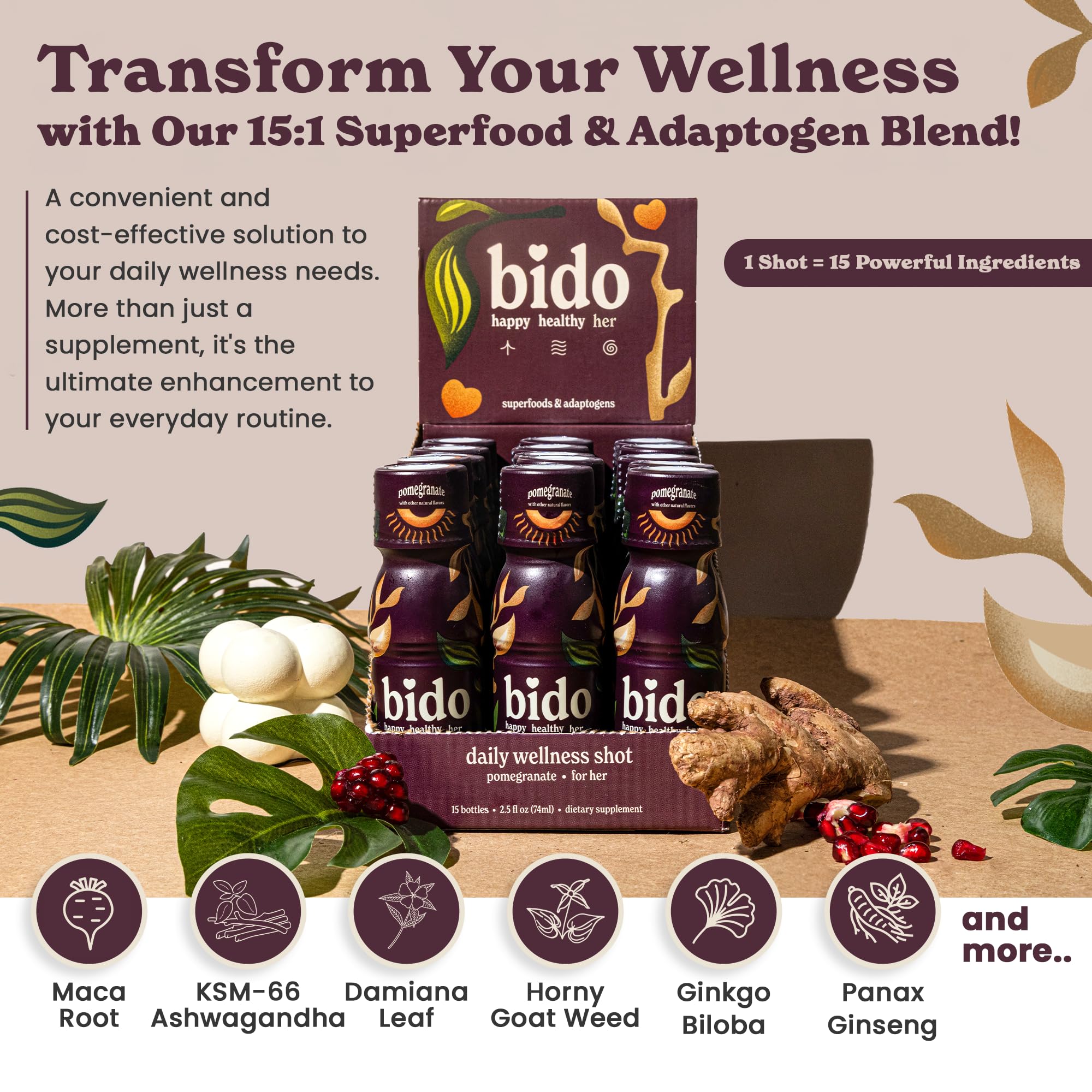 Close-up of 15-in-1 herbal blend ingredients