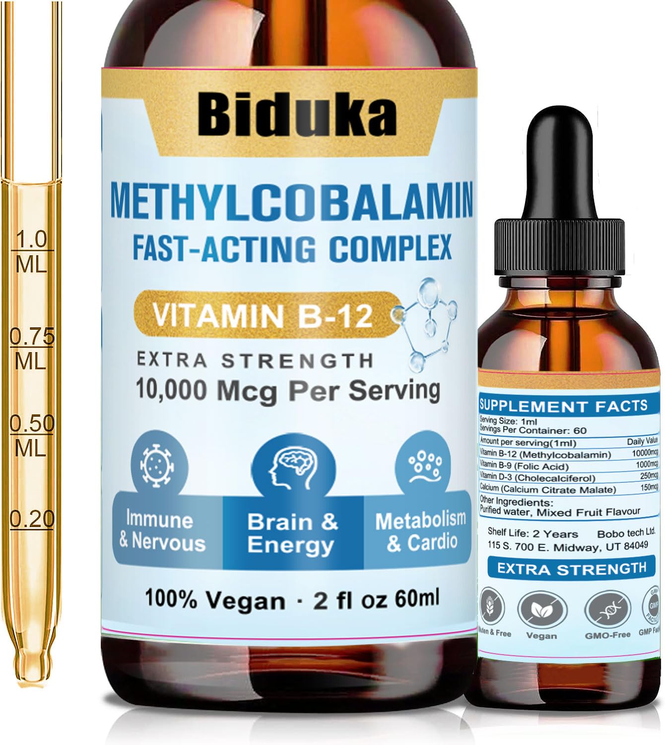 Biduka 10000mcg Vitamin B12 Sublingual Drops bottle with D3, B9, and Calcium