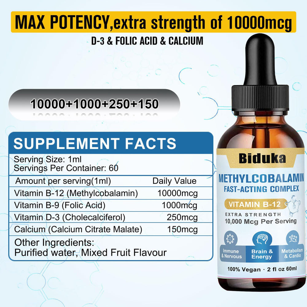 Front label highlighting B12 10000mcg, D3, B9, and Calcium