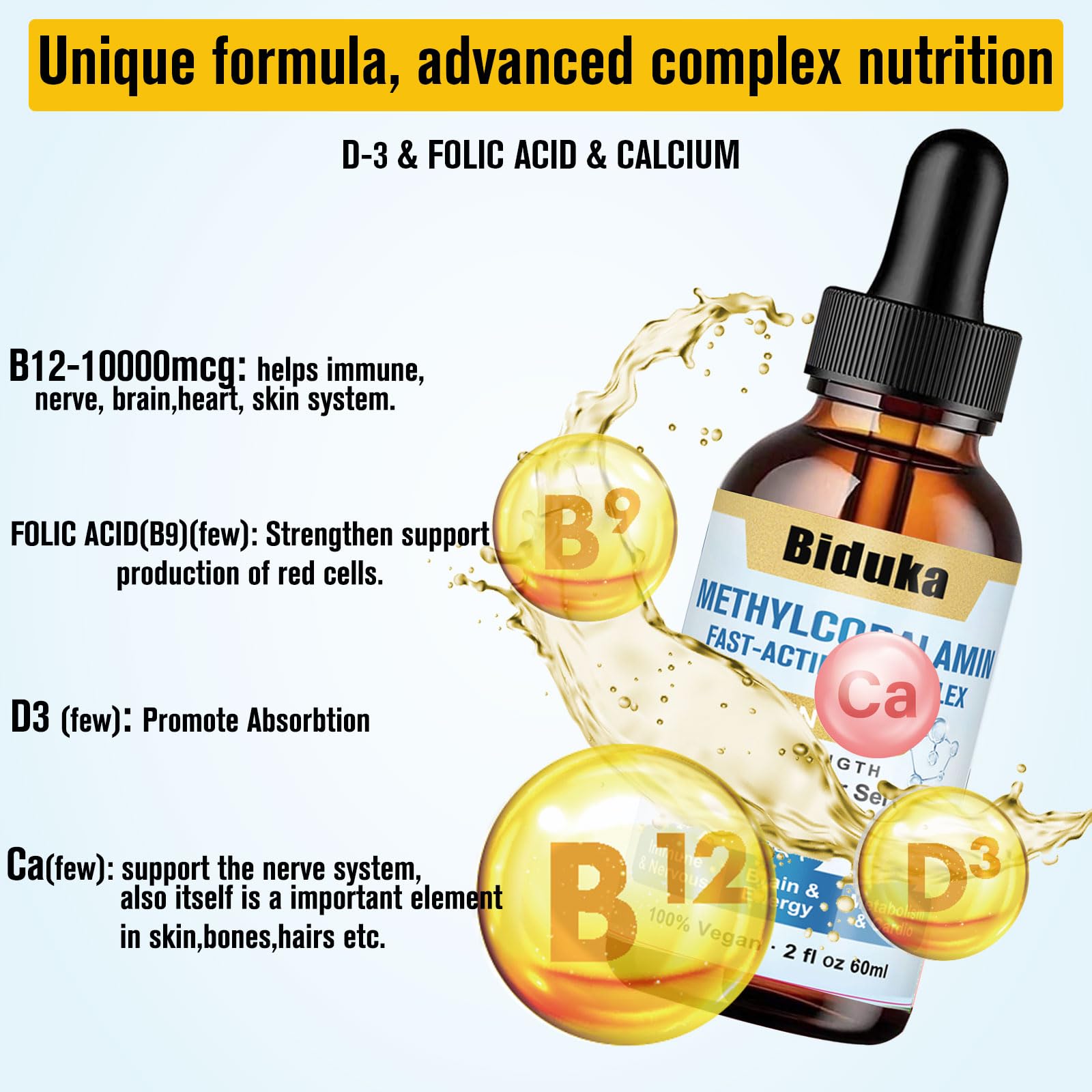 Bottle label shows D3, B9 folic acid and calcium ingredients