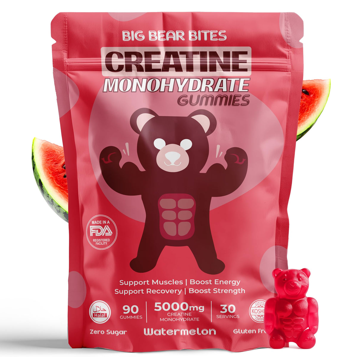 Front view of Big Bear Bites Creatine Monohydrate Gummies in Watermelon flavor