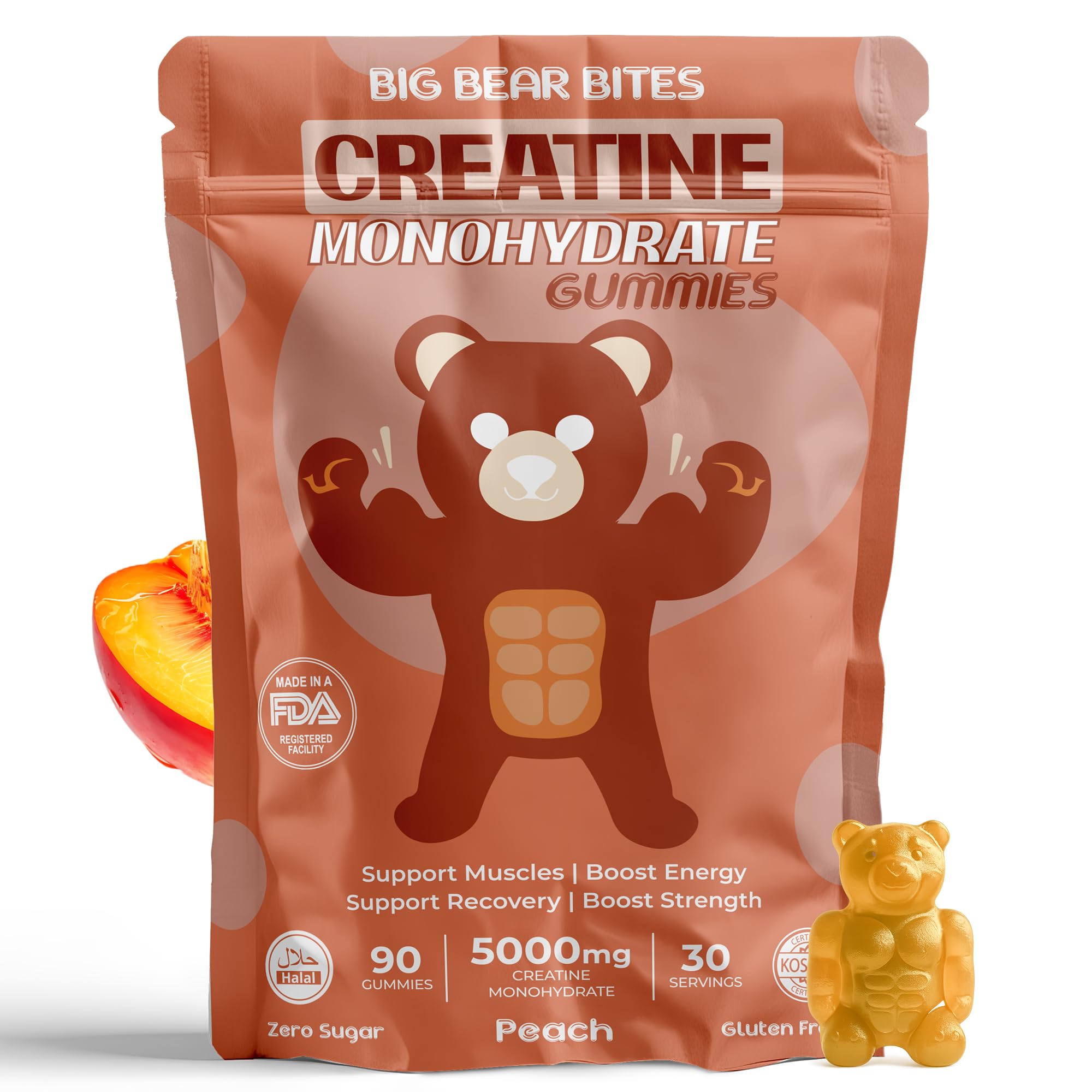 Front of Big Bear Bites Creatine Monohydrate Gummies Peach flavor bottle