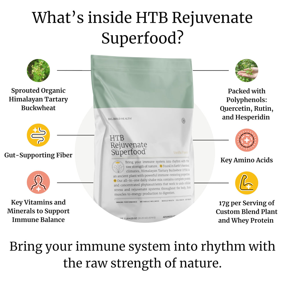 BIG BOLD HEALTH HTB Rejuvenate polyphenol complex bottle emphasizing antioxidant-rich ingredients.
